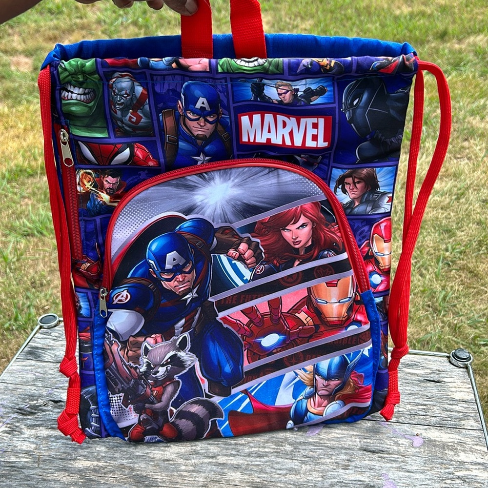 Marvel comics, drawstring backpack with pocket